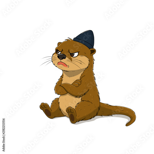 Картината върху платно Cute grumpy cartoon otter wearing brown beanie hat sitting with arms crossed ill