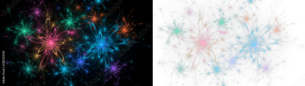Fototapeta premium Abstract fractal flower pattern with glowing neon light effects on black and transparent backgrounds