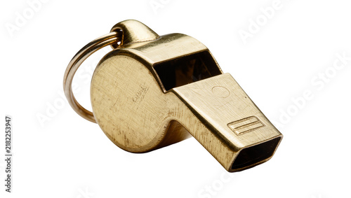 Quadro su tela Shiny brass whistle with metal ring, isolated on transparent background