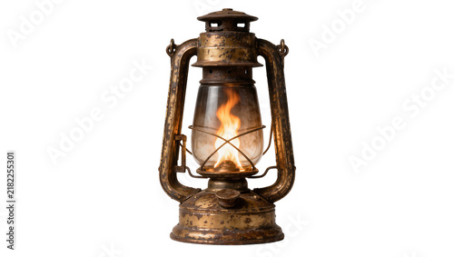 Foto Antique kerosene lantern with burning flame, isolated on transparent background