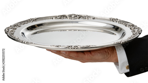 Cuadro en lienzo Man s hand in suit holding ornate silver serving platter, isolated on transparen