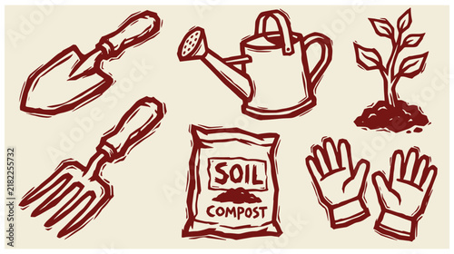 Hand drawn gardening tools and equipment set including shovel watering can and compost bag with shovel icon garden fork soil bag compost pack gardening gloves sprout plant farming tool