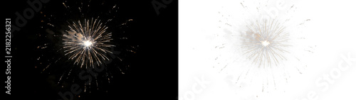 Bright festive firework explosion with golden sparks radiating from the center, captured against a dark night sky and a clean transparent background for easy compositing