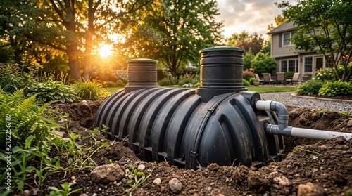 Black plastic septic tank installed in a backyard trench with white p v c piping extending from the side during a sunny golden hour with a house in the background