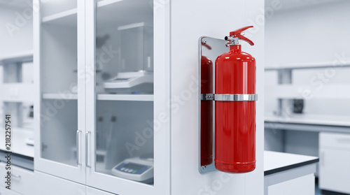 Red fire extinguisher mounted on white wall in modern clean laboratory with glass cabinets