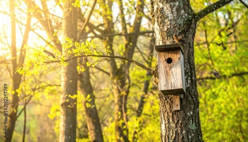 Wooden birdhouse attached to tree in forest.