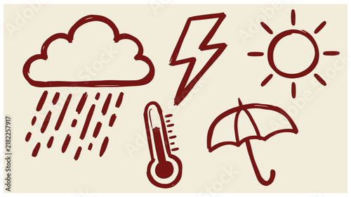 Weather forecast doodle icons showing rainy cloud lightning bolt sun thermometer umbrella with sun sketch umbrella drawing rain drops hand drawn thermometer storm symbol temperature