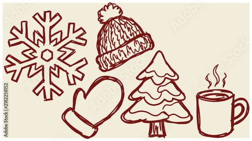 Hand drawn winter doodle set featuring a snowflake knit hat mitten pine tree hot beverage mug snowflake sketch mitten drawing coffee mug seasonal icons christmas elements holiday illus
