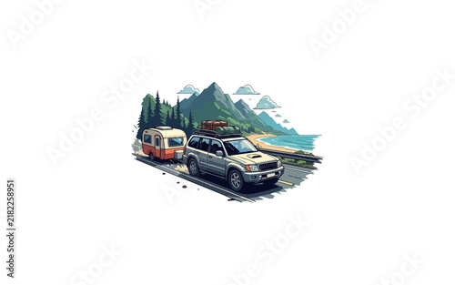 Vehicle towing caravan on scenic coastal road with mountains