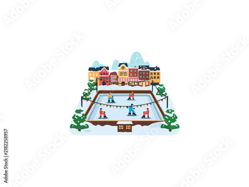Winter outdoor ice skating rink with town buildings and trees