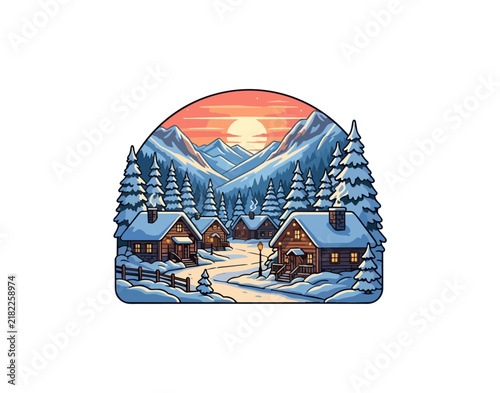 Winter mountain village sunset scene