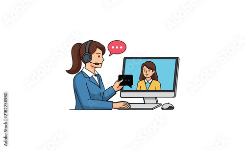 Woman wearing headset talking to person on computer screen