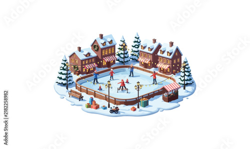 Winter village scene with outdoor ice skating rink and festive holiday decorations