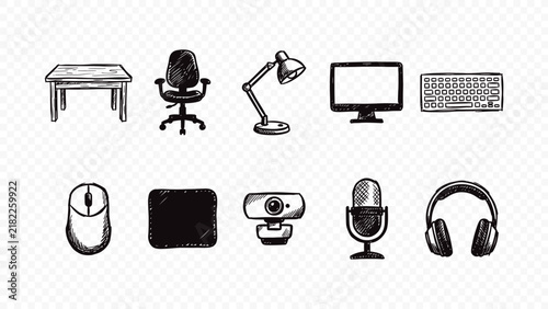 Bild auf Leinwand Modern technology workspace and digital hardware hand drawn doodle icons featuri