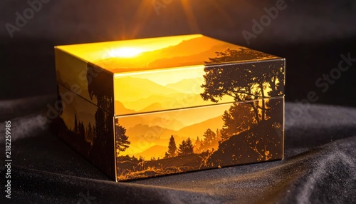 Wooden box with sunset landscape art on black fabric.