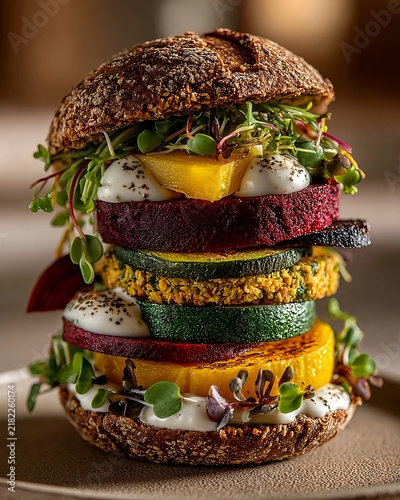 Colorful Plant Based Burger with Layered Vegetables and Microgreens