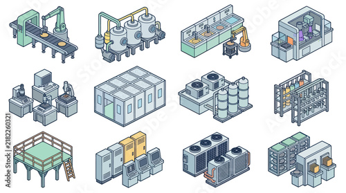 Isometric Industrial Factory Equipment Set.