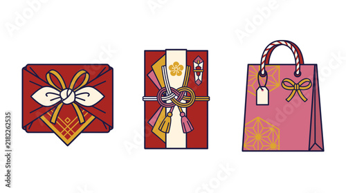 Japanese traditional gift packaging vector illustration set including furoshiki wrapping noshibukuro money envelope and festive paper bag