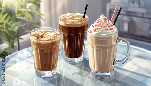 Three glasses of iced coffee and frappe with whipped cream on a glass table