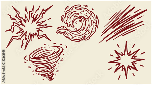 Set of hand drawn weather and natural phenomena sketches with lightning illustration phenomena disaster electric collection background abstract movement atmosphere catastrophe