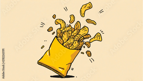 Hand drawn illustration of a yellow bag of potato chips spilling out on a light background.