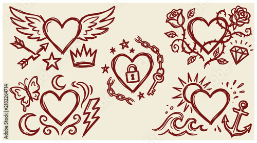 Set of hand drawn tattoo style heart designs with wings roses padlock anchor sun old school butterfly lightning illustration collection ornament nautical