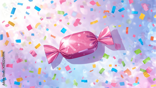 Pink wrapped candy floating with colorful confetti on a bright festive background