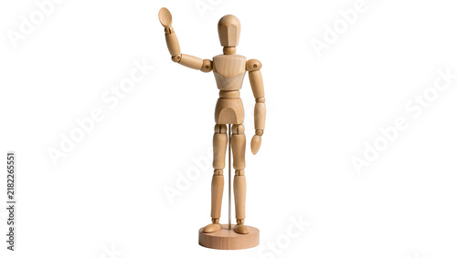 Wooden artist mannequin waving hand, isolated on transparent background