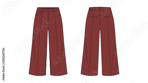 Technical Flat Sketch of Burgundy Wide Leg Trousers for Women with Front and Back Views Fashion Design Template