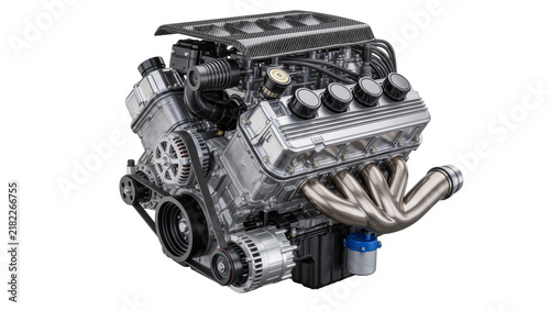 Bild auf Leinwand Detailed V8 engine with carbon fiber cover chrome exhaust, isolated on transpare