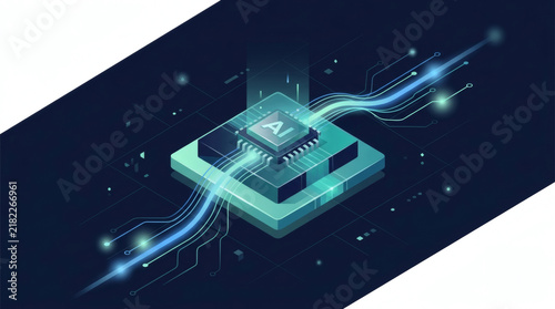 Obraz na płótnie Isometric AI Microchip Processor with Glowing Data Stream