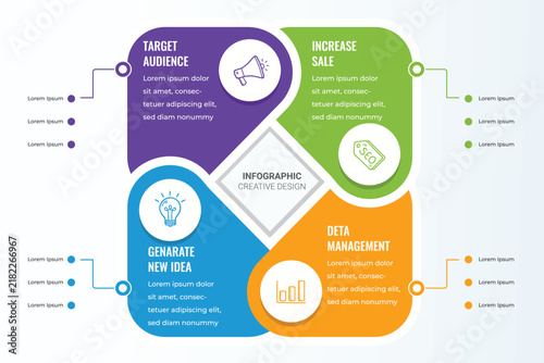Modern Business Infographic Template with Four Colorful Segments, Target Audience, Sales Growth, New Ideas and Data Management Creative Strategy Presentation Design