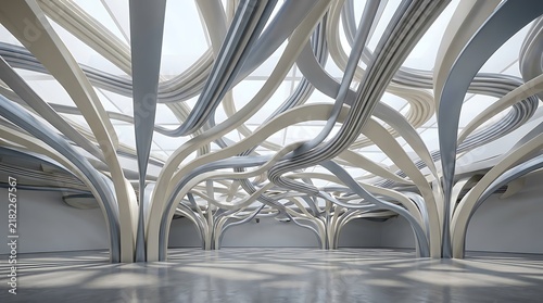 Futuristic white interior architecture with organic flowing structural forms organic structure modern building architectural design structural curves minimalist architecture innovative design