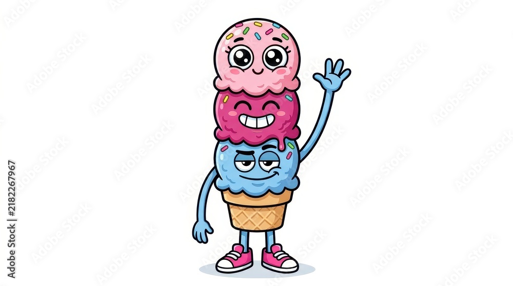 Fototapeta premium Cute Cartoon Ice Cream Cone Character with Three Colorful Scoops Waving Hello, Kawaii Vector Illustration for Kids