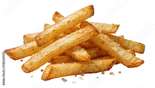 Fotografía Golden crispy french fries sprinkled with coarse salt, isolated on transparent b