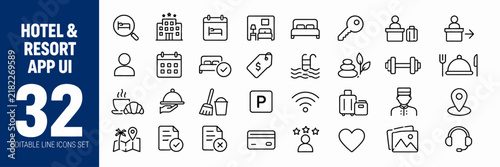 Hotel and resort icons collection for mobile apps, website design, and UI interfaces featuring line symbols