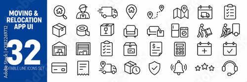 Comprehensive moving and relocation service outline icons collection for web and app user interfaces, illustrating delivery, logistics, and transport concepts with modern line art