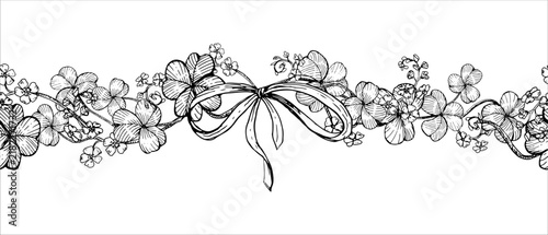 Seamless border clover and forget-me-not with bow hand drawn vector ink sketch. Illustration for Patricks day greeting cards, Irish branding, celtic festival decor, rustic wedding invitation frames.