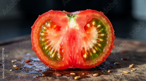 Juicy halved ripe tomato with seeds and pulp glistening on rustic wooden surface.