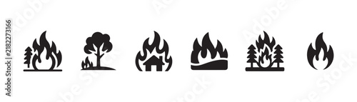 Forest wildfire warning icon set depicting burning trees and houses in black silhouettes for disaster awareness.