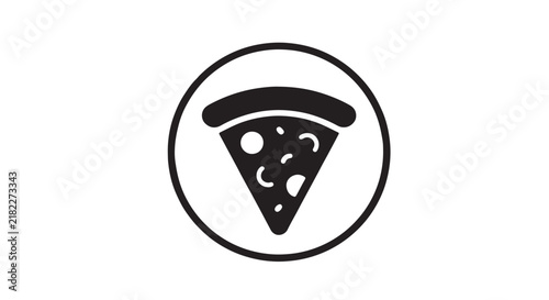 shows an Black circled logo of a pizza slice silhouette above the black on a light background