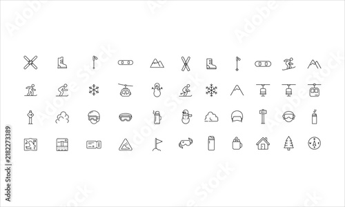 Set outline icons related to skiing. Linear icon collection. Editable stroke. Vector illustration