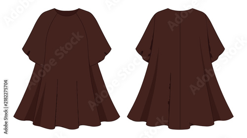 Dark Brown Short Sleeve Oversized A-Line Tunic Dress Technical Flat Illustration Front and Back View Template