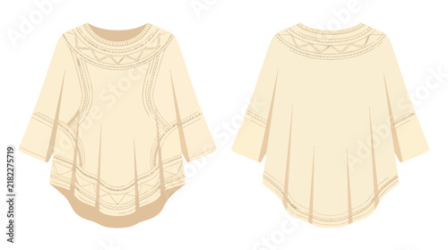 Hand Drawn Elegant Cream Colored Woolen Poncho with Ethnic Pattern Front and Back View Winter Clothing Design
