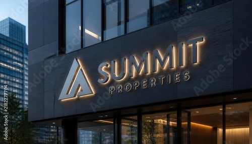 Summit Properties Signage: A modern building facade illuminated at dusk, featuring the prominent Summit Properties sign with illuminated lettering, conveying professionalism and commercial presence.