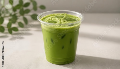 Iced Matcha Latte Delight: A refreshing iced matcha latte in a clear cup, topped with frothy foam and ice, sits invitingly, with subtle green leaves in the background, perfect for a cool.