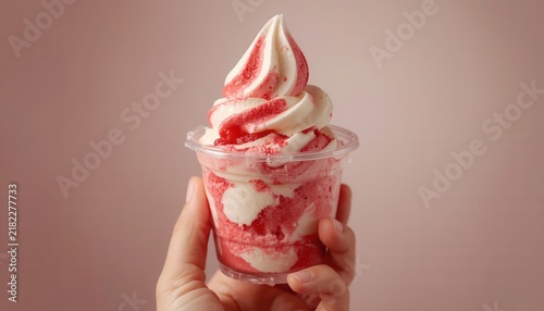 Strawberry Swirl Ice Cream Delight: A hand holds a clear cup filled with a delectable swirl of strawberry and vanilla soft-serve ice cream, a perfect treat for a warm day.