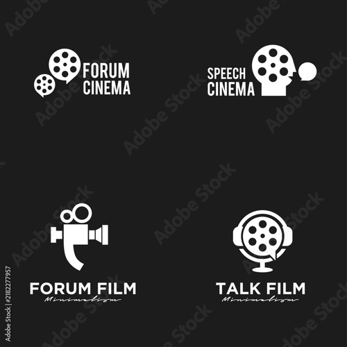 Set of minimalist film and cinema logos featuring speech bubbles, film reels, camera, and headphones, representing communication, forums, and talk in media and entertainment.