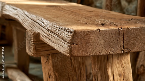Rustic wooden bench made from reclaimed rough hewn timber.