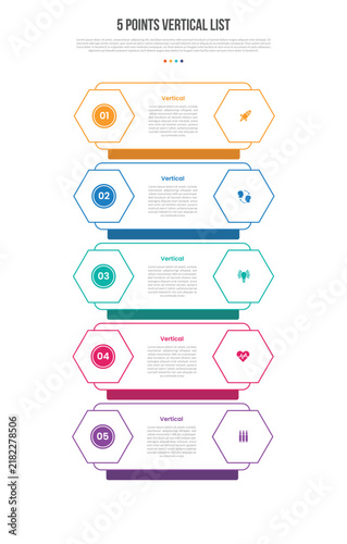 5 Points Vertical List Infographic Template with 5 Point Hexagon Banded Design for Slide Presentation